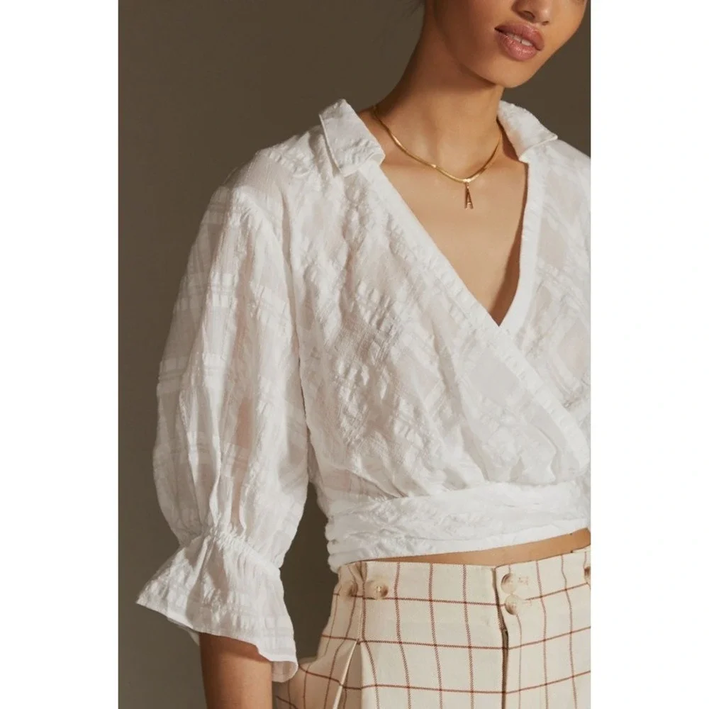 Anthropologie White Gauze Wrap Top Sz S 3/4 Puff Sleeve Collared Light Romantic